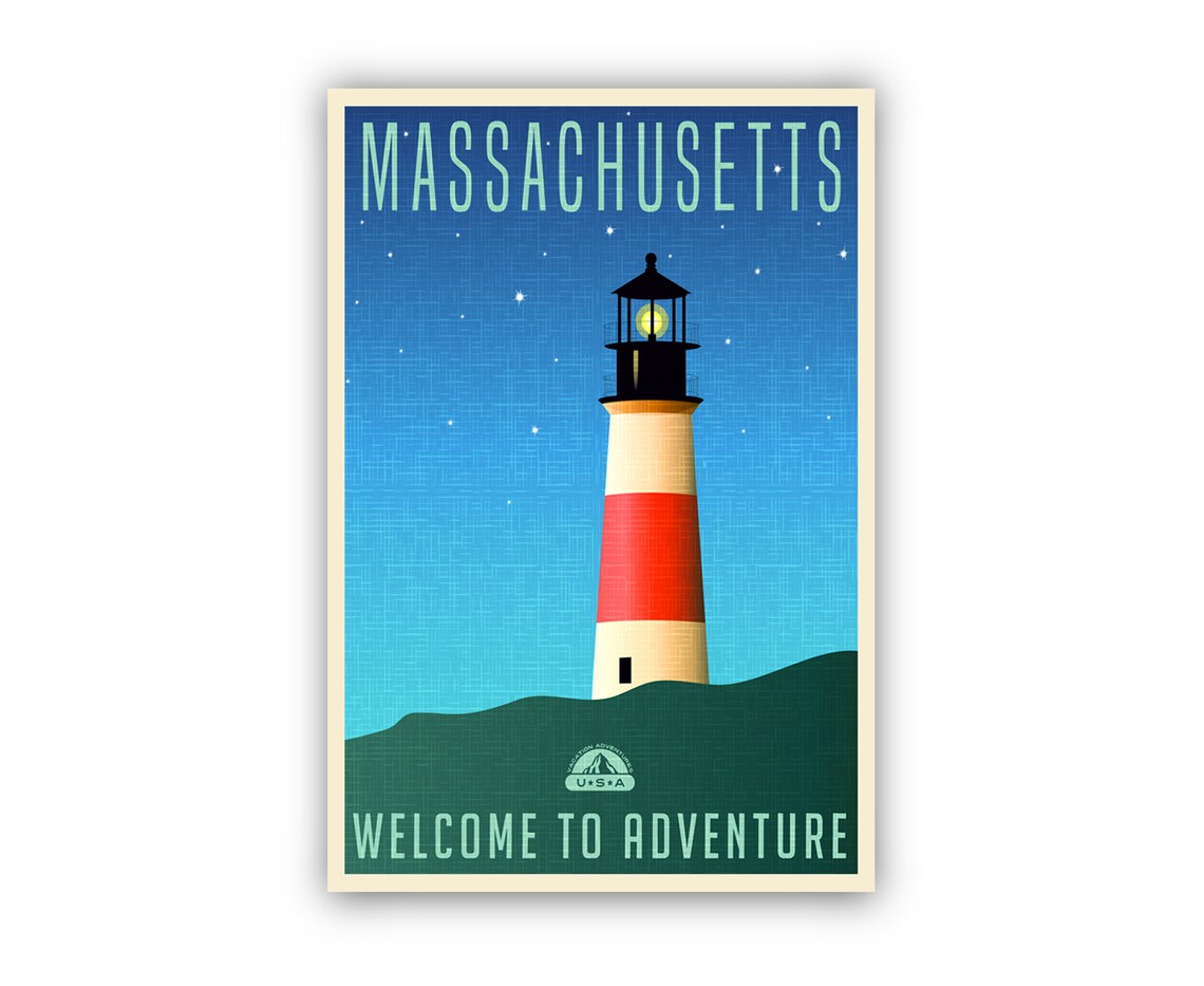 Massachusetts Lighthouse Night Sky Retro Coast Travel Poster - Image 2
