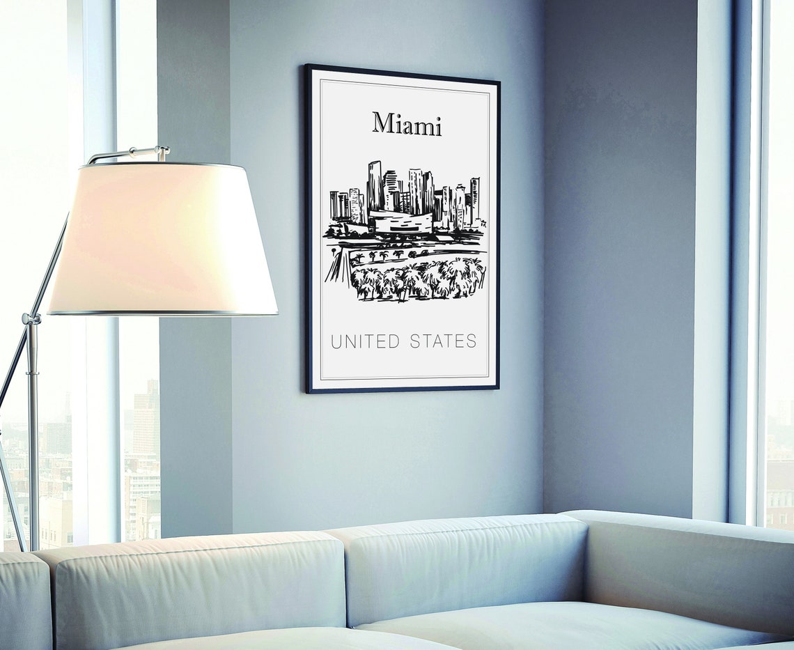 Miami Florida Downtown Skyline Palm Trees Waterfront Sketch Poster - Image 4