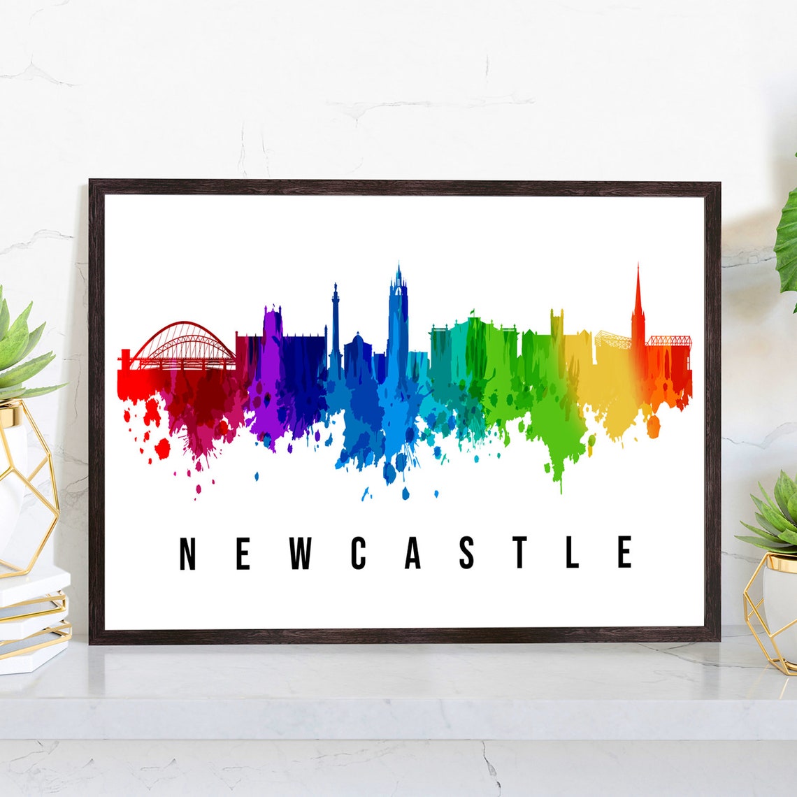 Newcastle England Watercolor Rainbow Tyne Bridge Skyline Travel Poster