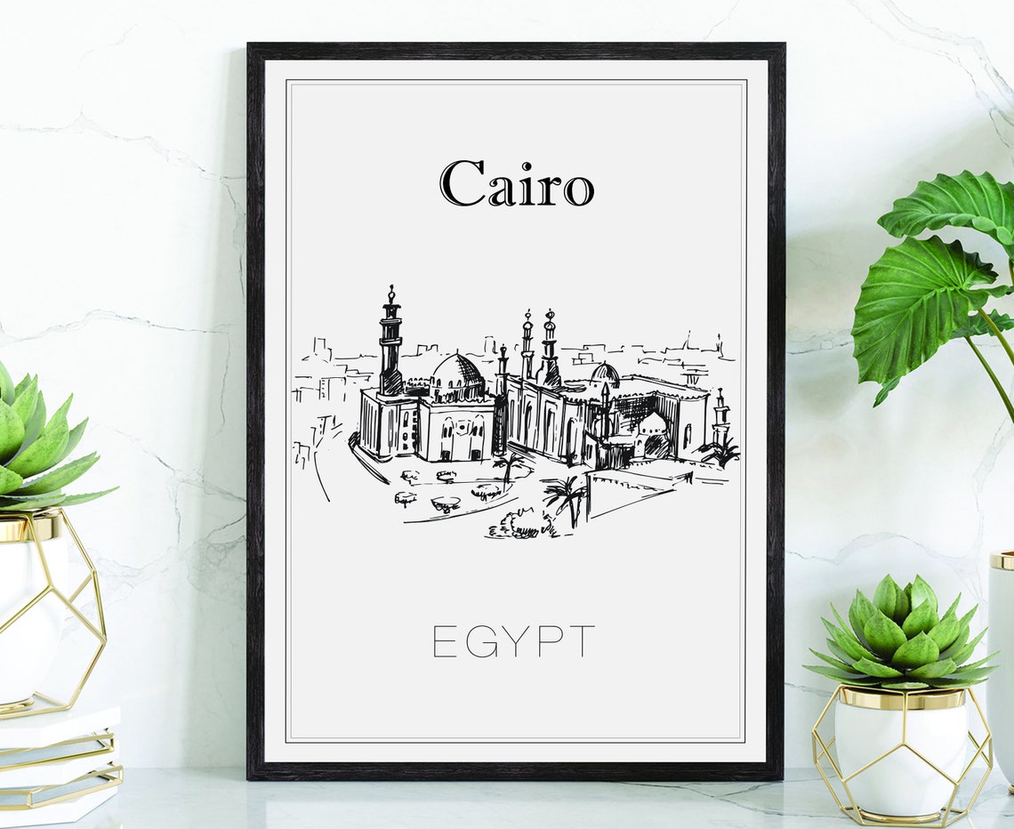 Cairo Egypt Historic Mosque Domes Minarets Hand Drawn Sketch Poster