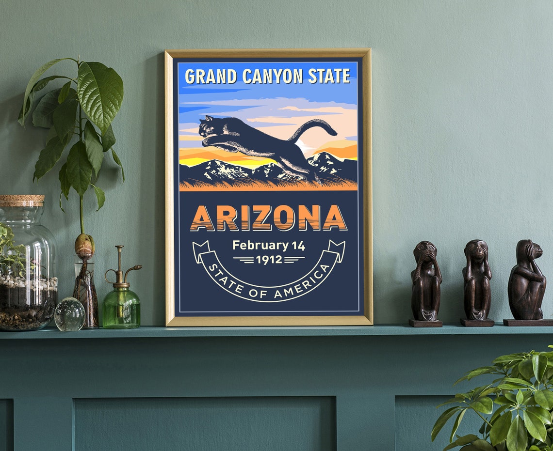 Arizona Grand Canyon State Cougar Sunset Retro Travel Poster - Image 3