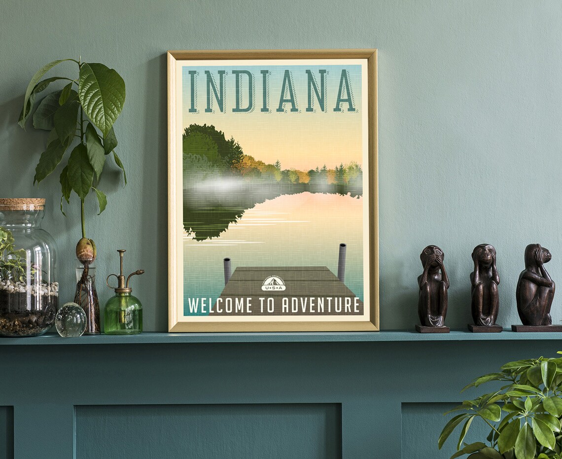 Indiana Misty Lake Wooden Dock Sunrise Retro Travel Poster Art - Image 3