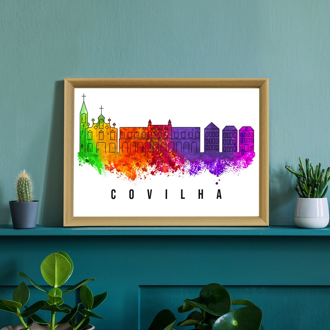 Covilha Portugal Rainbow Watercolor Skyline Church Arches Poster - Image 2