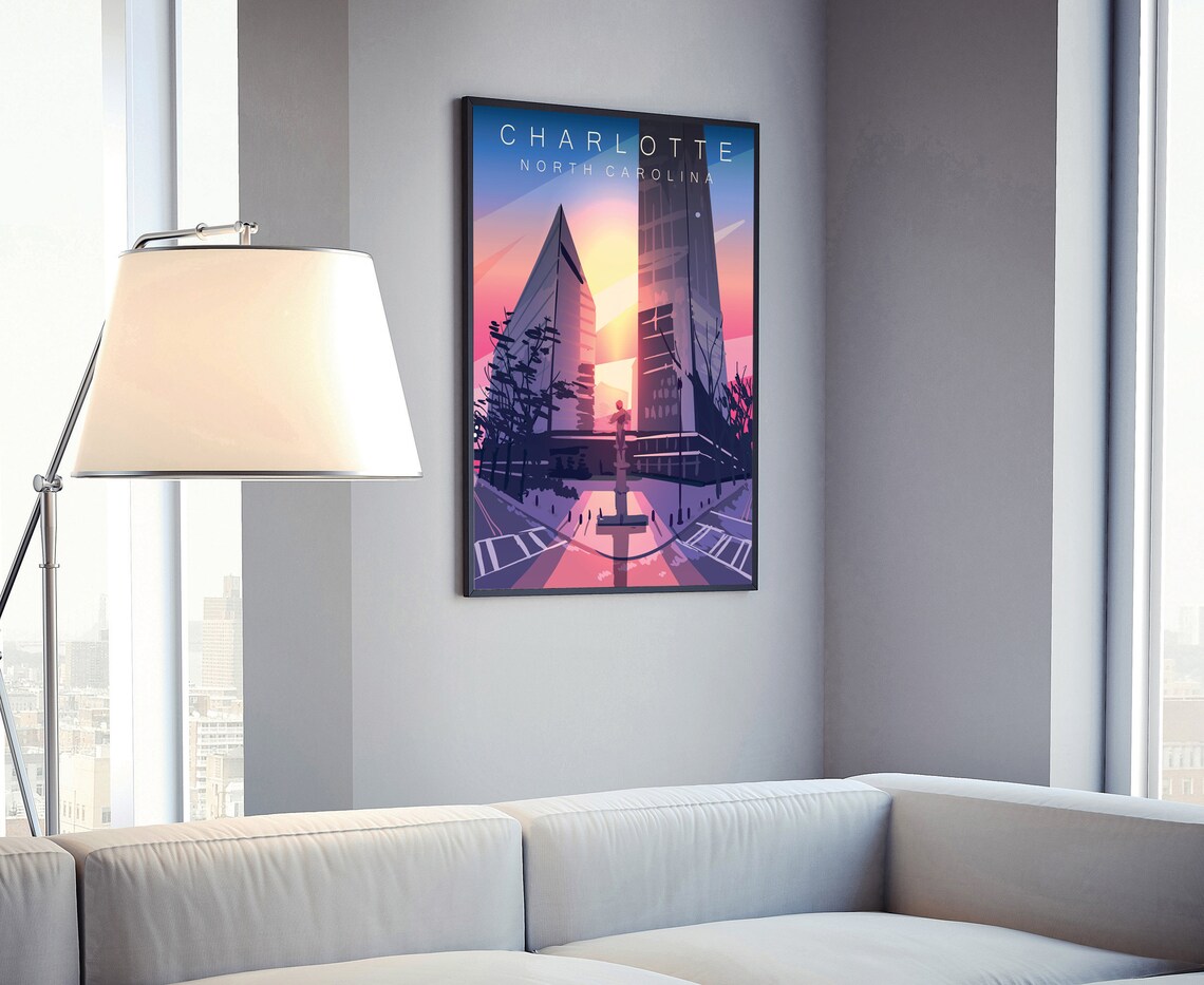 Charlotte North Carolina Downtown Sunset Retro Travel Wall Art Poster - Image 4