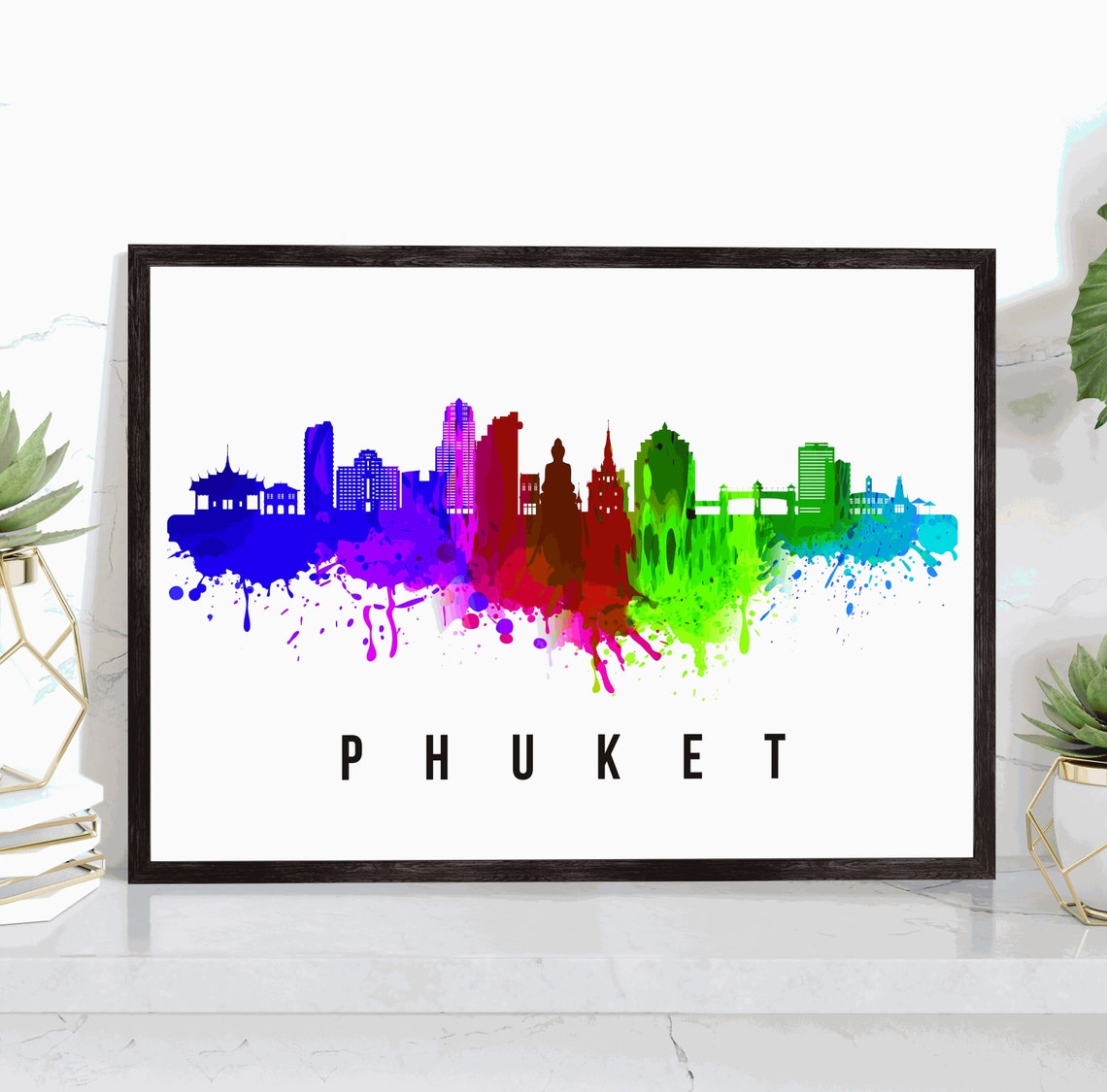 Phuket Thailand Rainbow Watercolor Skyline Art Travel Poster