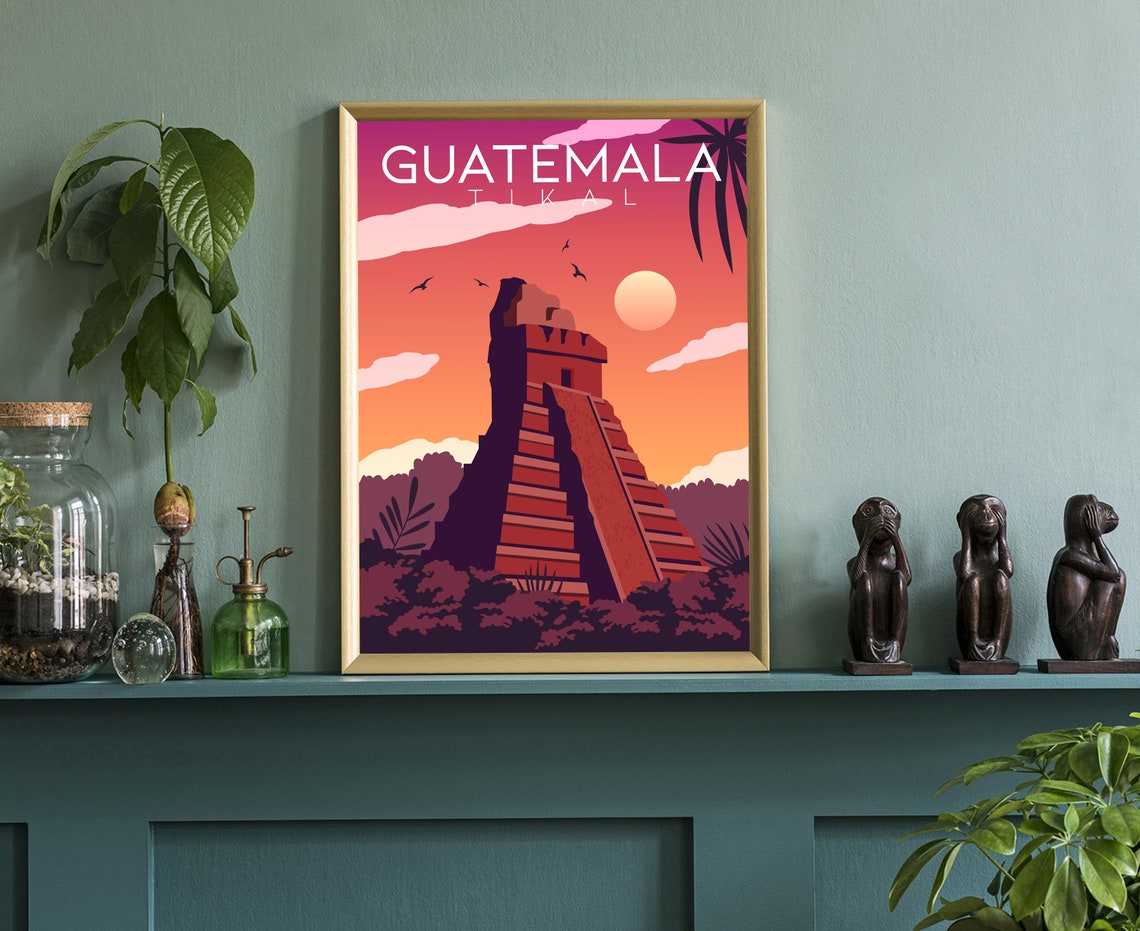 Tikal Guatemala Maya Pyramid Sunset Jungle Vintage Travel Poster - Image 3