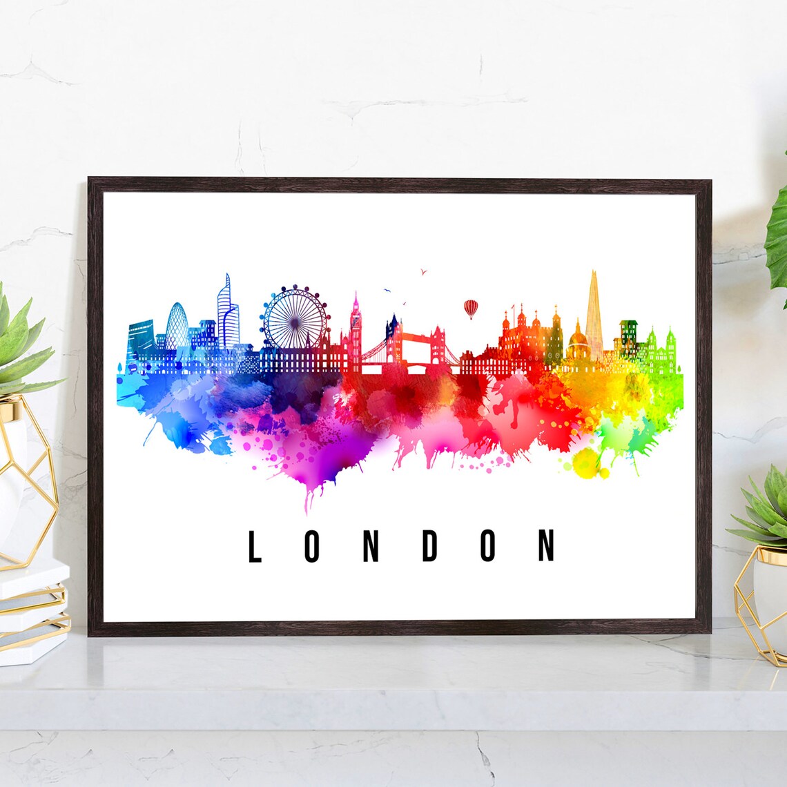 London England Watercolor Rainbow Skyline Landmarks Travel Poster Art