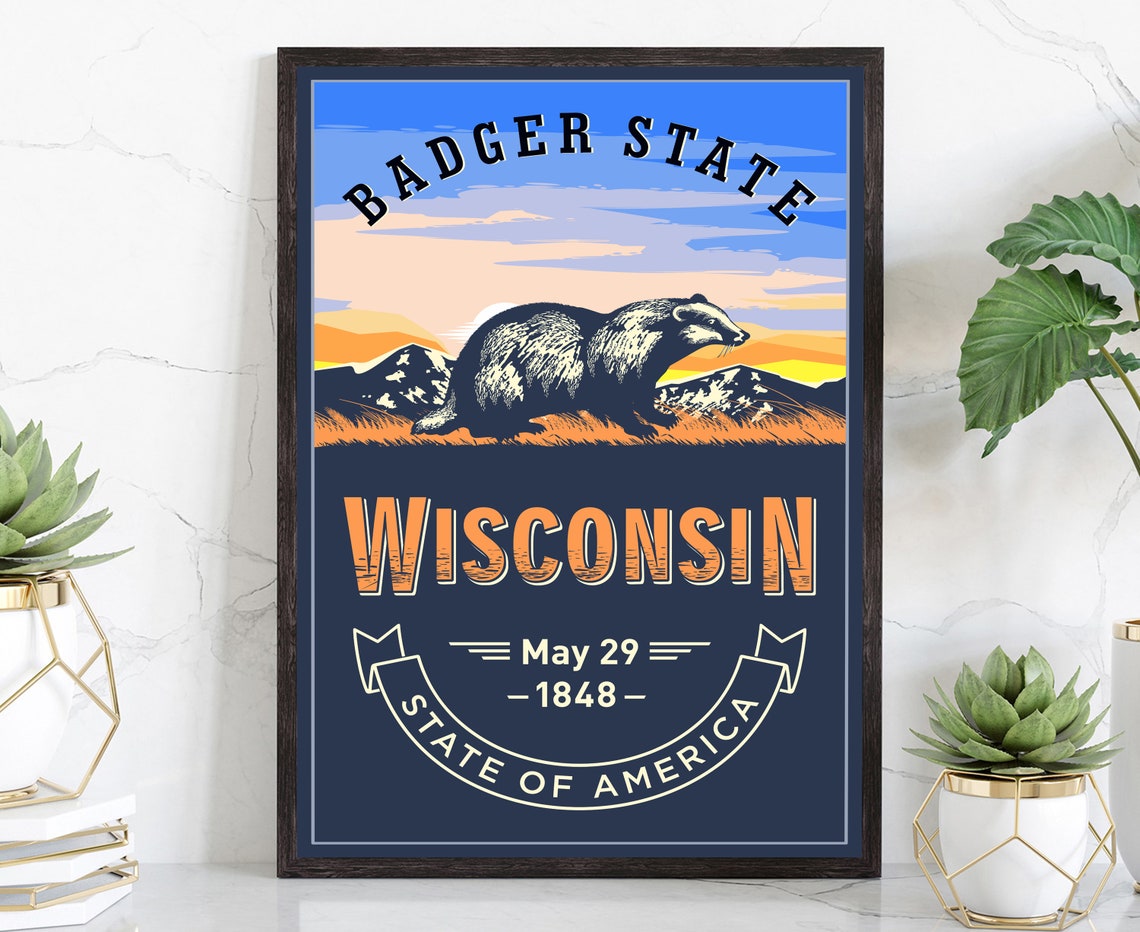 Wisconsin Badger State Emblem Retro Statehood Vintage Wall Art Poster