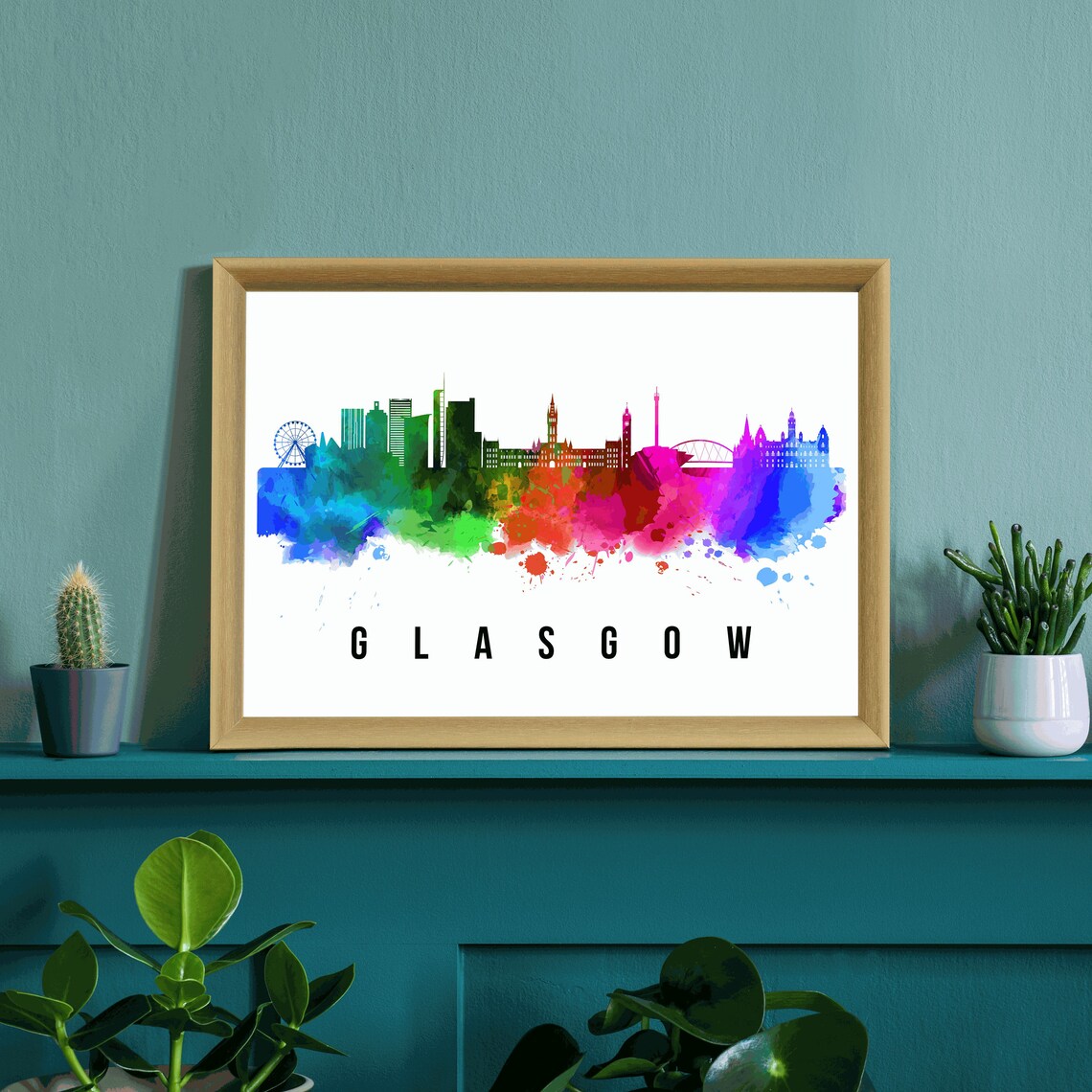 Glasgow Scotland Rainbow Watercolor Skyline Silhouette Art Poster - Image 3