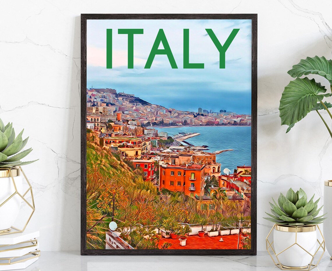 Italy Coastal Town Hillside Painterly Seaside Village Vintage Art Poster