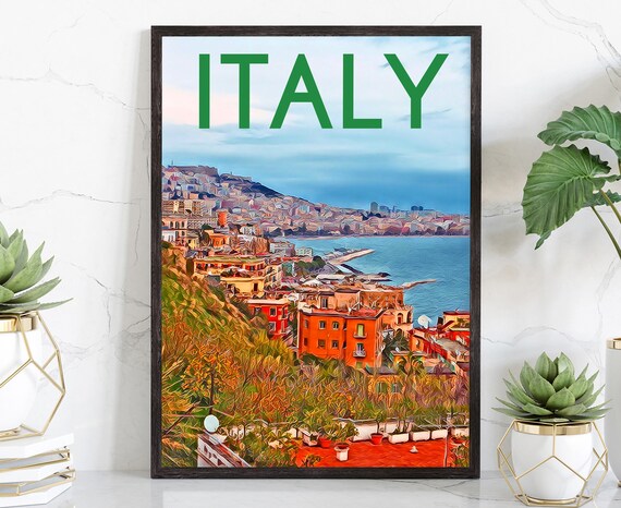 Italy Coastal Town Hillside Painterly Seaside Village Vintage Art Poster