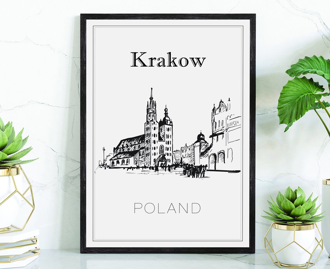 Krakow Poland Main Square Town Hall Tower Hand Drawn Art Poster