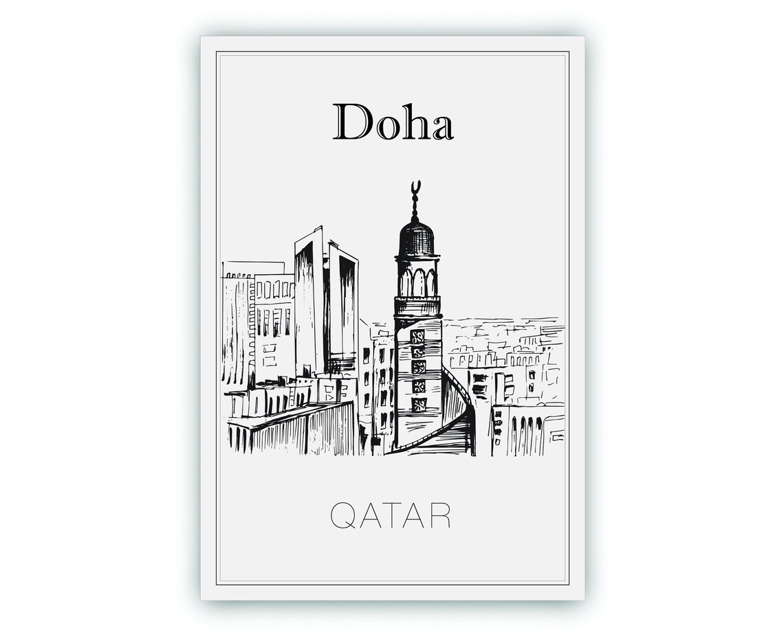 Doha Qatar Hand Drawn Skyline Sketch Minaret City Travel Poster - Image 2