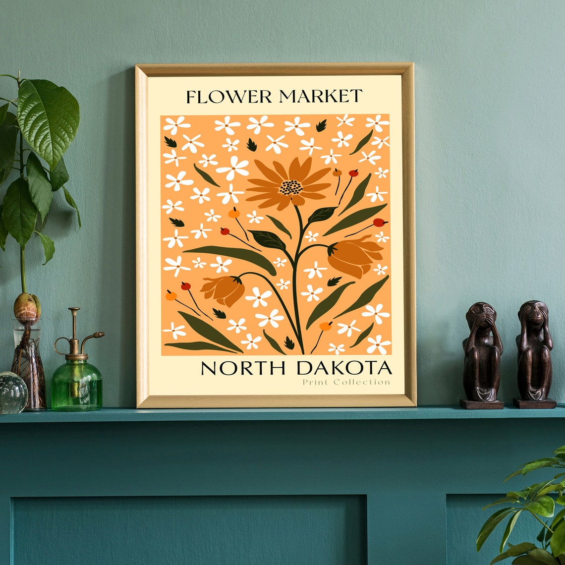 North Dakota Flower Market Orange Daisy Botanical Retro Art Poster - Image 2