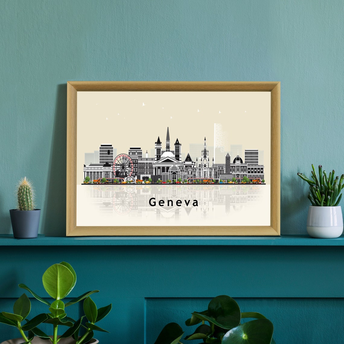 Geneva Switzerland Minimalist Skyline Illustration Ferris Wheel Poster - Image 2
