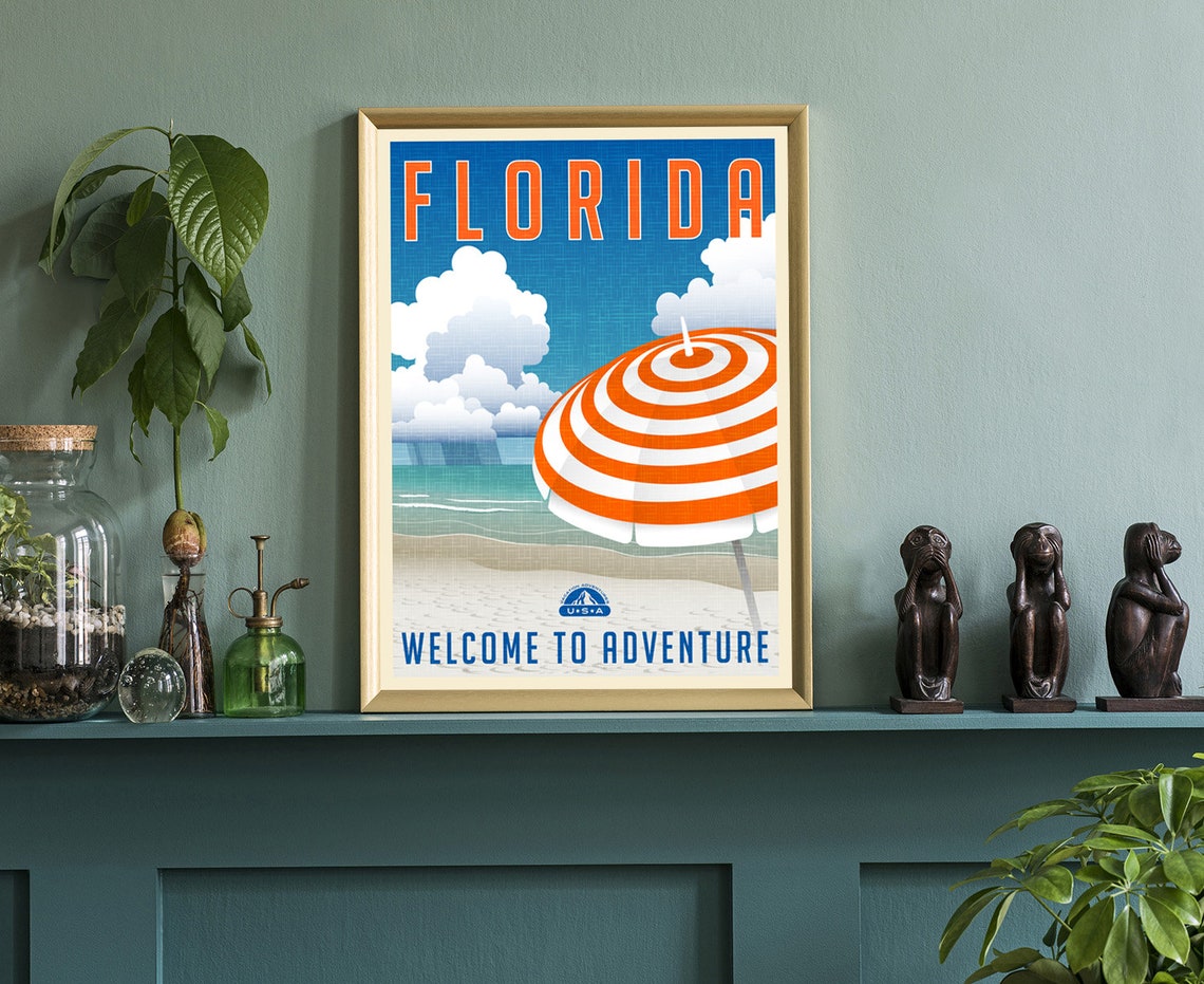 Florida Beach Striped Umbrella Vintage Retro Ocean Travel Poster - Image 3