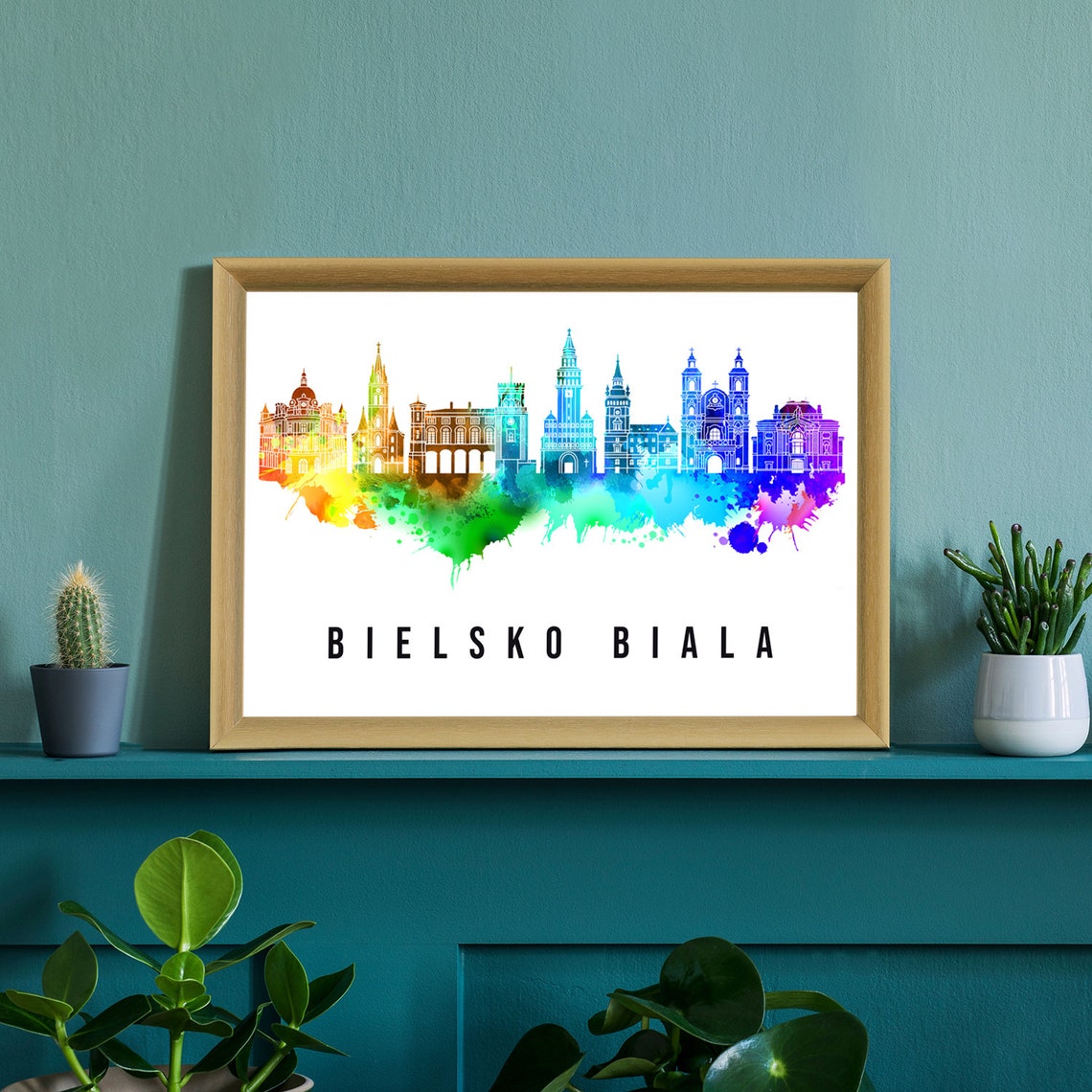 Bielsko Biala Poland Old Town Churches Watercolor Skyline Poster - Image 2