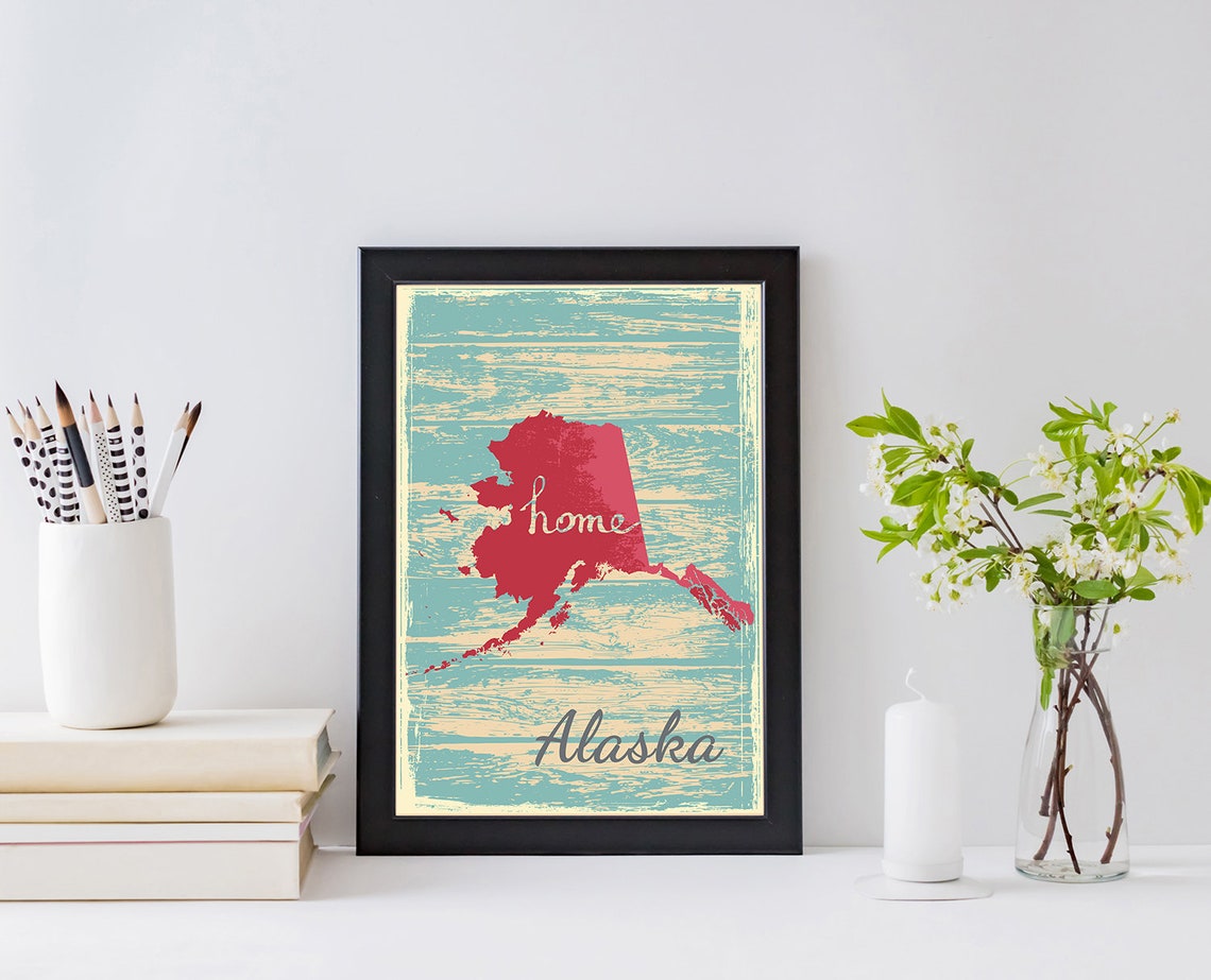 Alaska Home State Red Silhouette Vintage Distressed Teal Map Poster - Image 2
