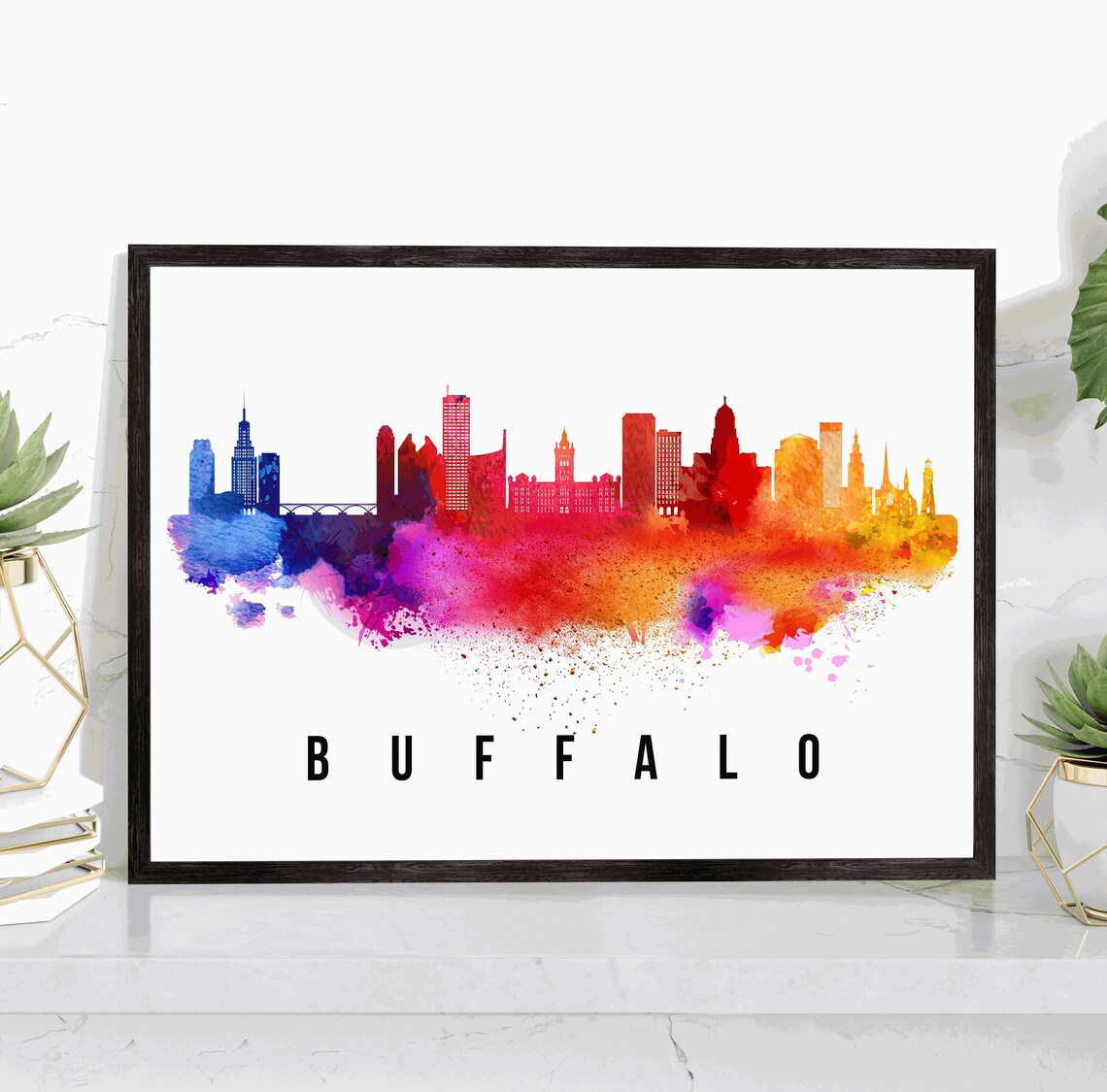 Buffalo New York Rainbow Watercolor Skyline Cityscape Modern Wall Art Poster