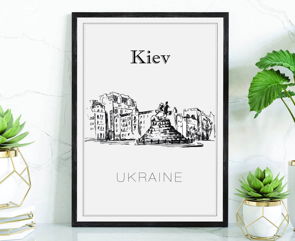 Kiev Ukraine Hand Drawn Monument City Sketch Black White Poster