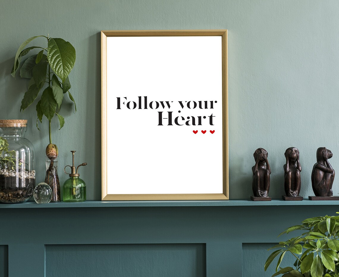 Follow Your Heart Minimalist Quote Poster Three Red Hearts Wall Art - Image 3