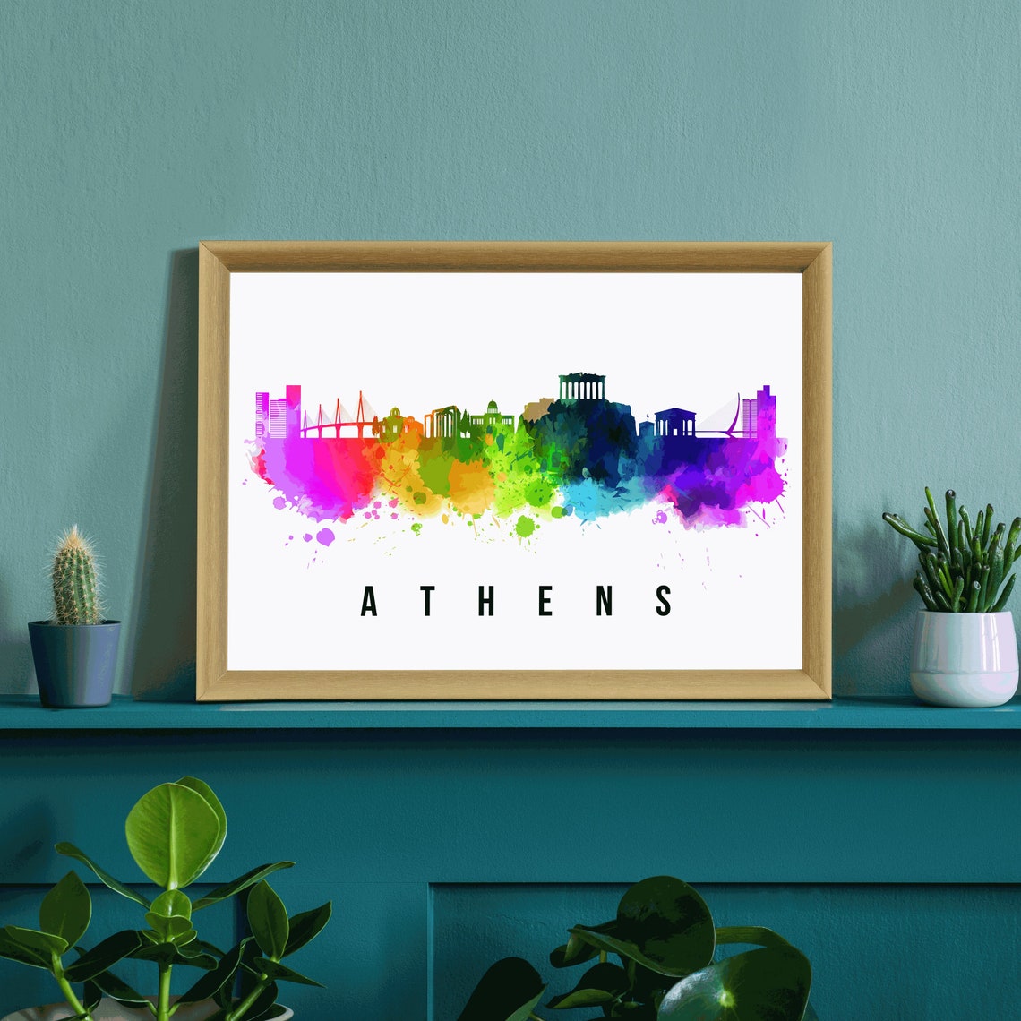 Athens Greece Rainbow Watercolor Acropolis Skyline Silhouette Poster - Image 3