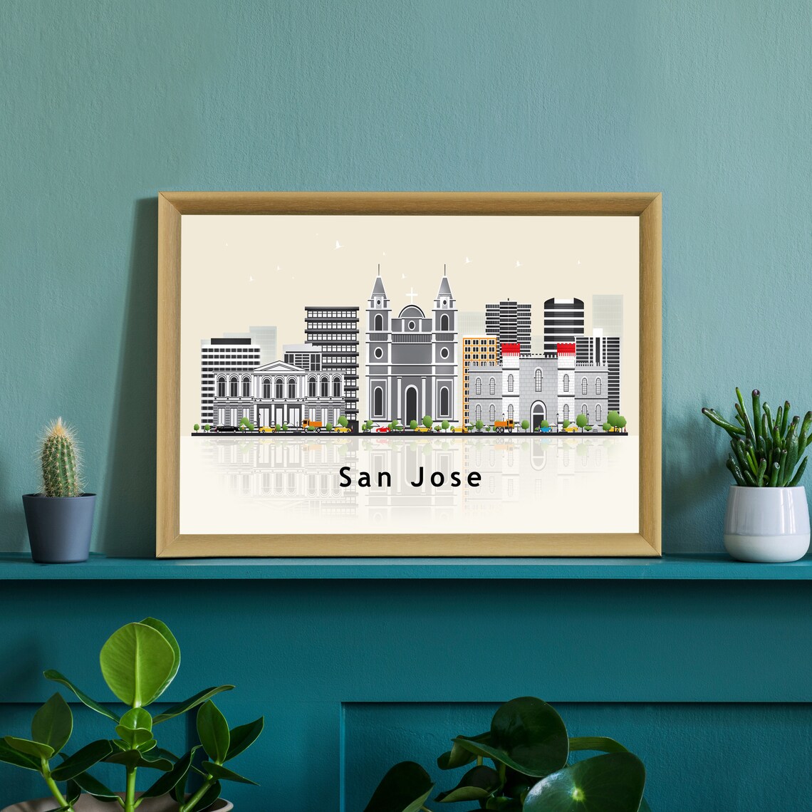 San Jose Costa Rica Twin Spire Cathedral Skyline Illustration Poster - Image 2