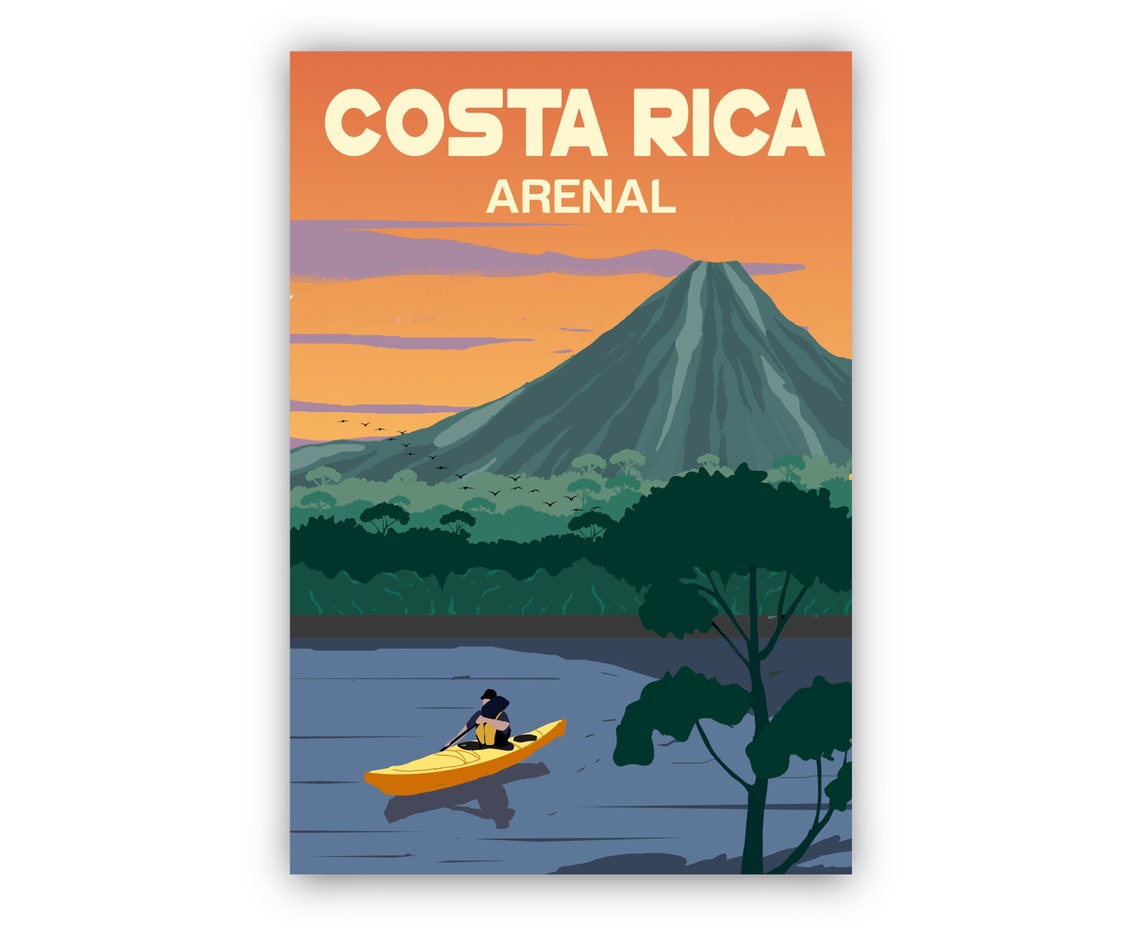 Costa Rica Arenal Volcano Sunset Lake Kayak Retro Travel Poster - Image 2