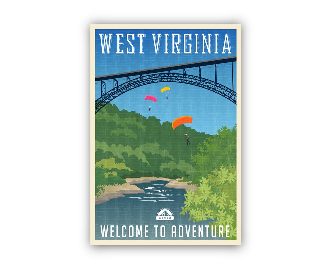 West Virginia Retro Travel Poster Mountain Road Guardrail Vintage - Image 2