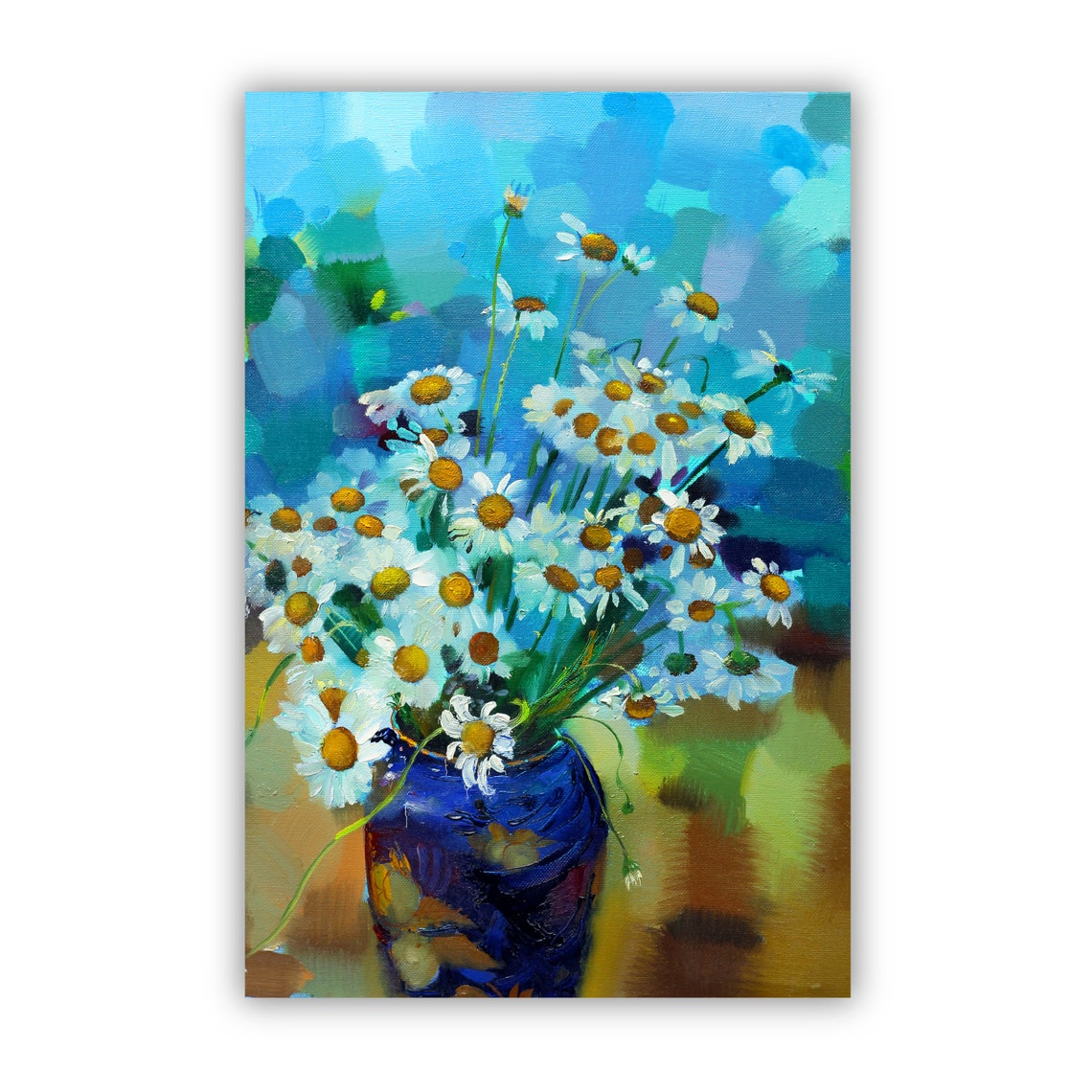White Daisies Blue Vase Impressionist Oil Painting Floral Wall Poster - Image 2