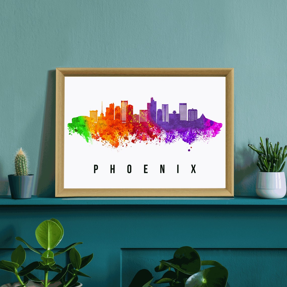 Phoenix Arizona Rainbow Watercolor Skyline Desert Cityscape Poster - Image 3