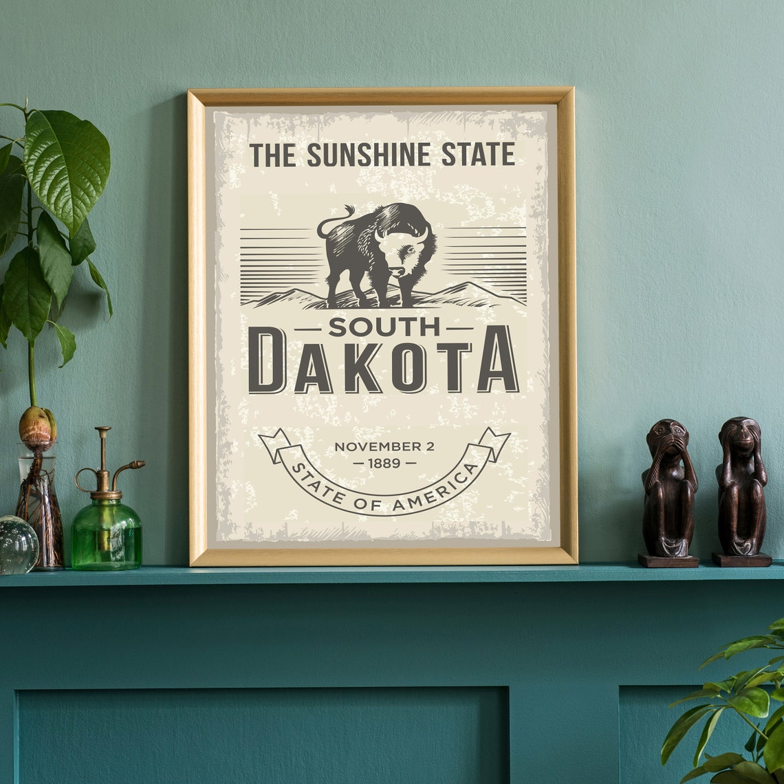 South Dakota Sunshine State Bison Vintage Retro State Emblem Poster - Image 3