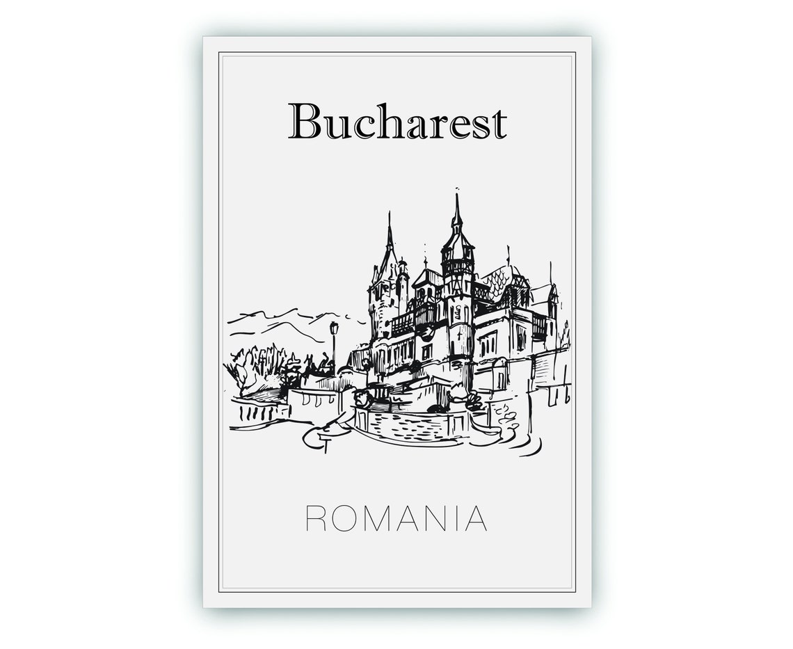 Bucharest Romania Hand Drawn Black White Landmark Sketch Poster - Image 2
