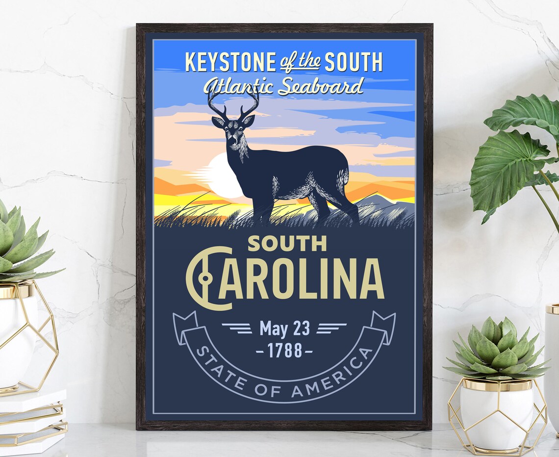 South Carolina Keystone of the South Deer Sunset Vintage Poster