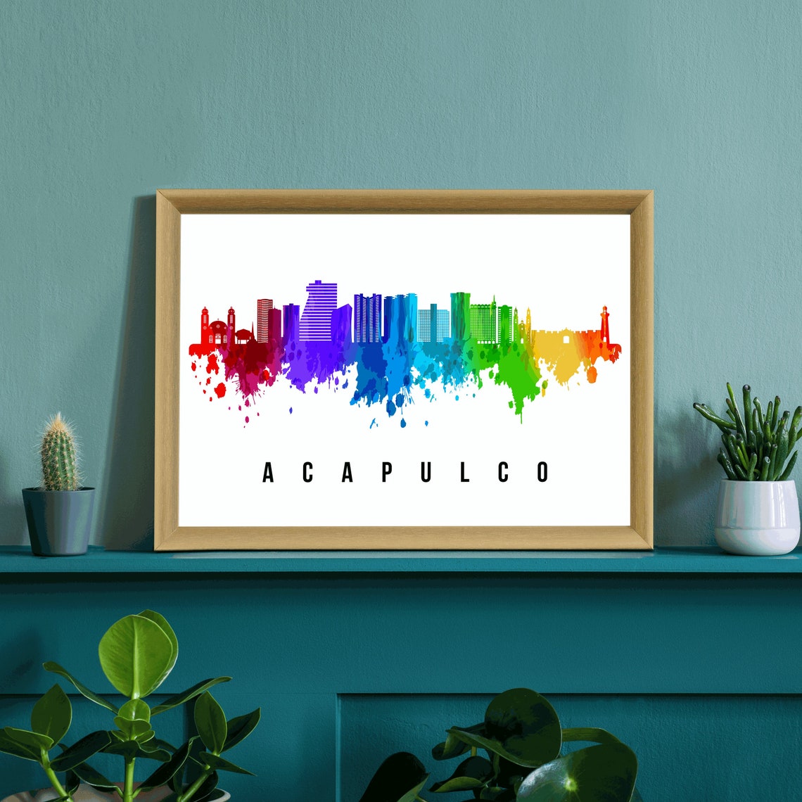 Acapulco Mexico Rainbow Watercolor Skyline Silhouette Travel Poster - Image 3