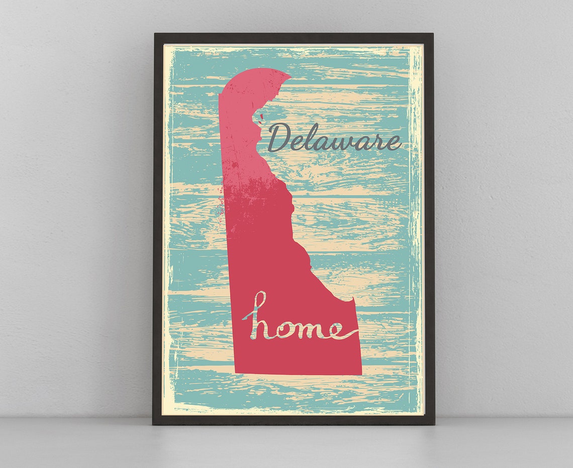Delaware State Silhouette Home Pink Teal Distressed Wood Wall Art