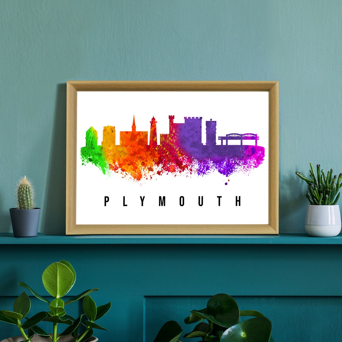 Plymouth England Lighthouse Harbor Watercolor Skyline Art Poster - Image 3