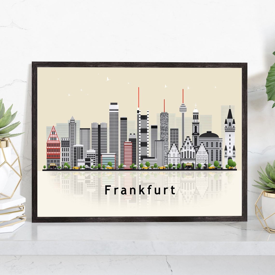 Frankfurt Germany Old Town Skyline Illustration With Reflection Poster