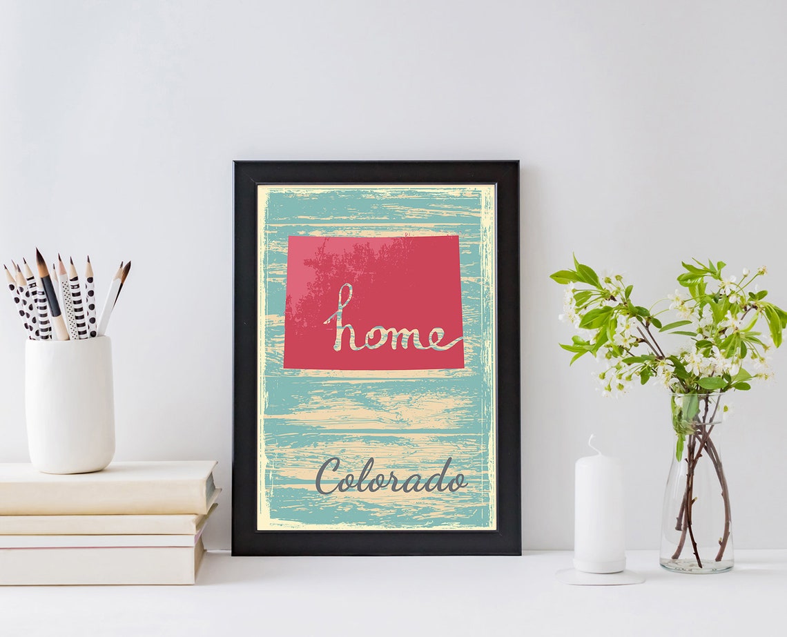 Colorado Home Red State Silhouette Distressed Teal Travel Poster Print - Image 2