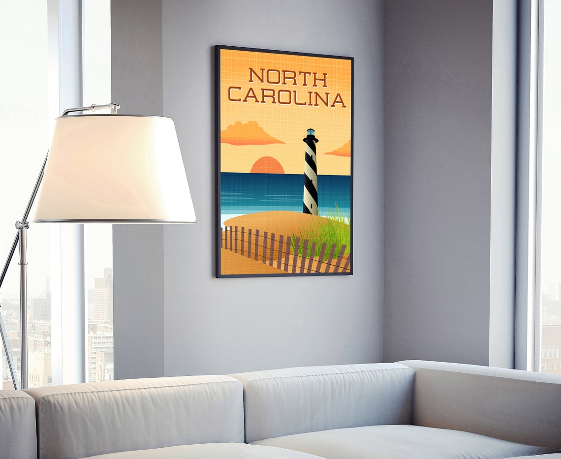 North Carolina Lighthouse Sunset Beach Dunes Retro Travel Poster - Image 4