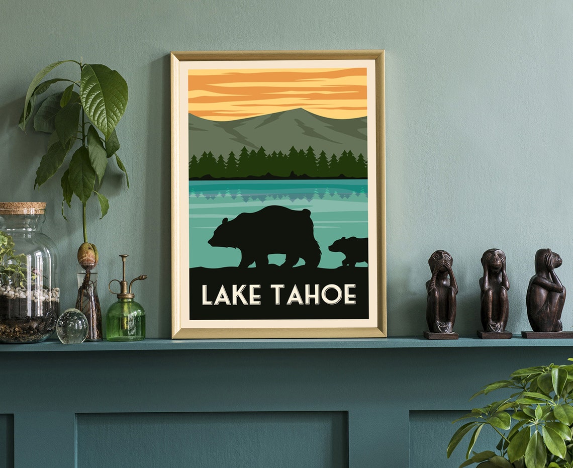 Lake Tahoe Vintage Bear Silhouette Sunset Mountains Travel Poster - Image 3