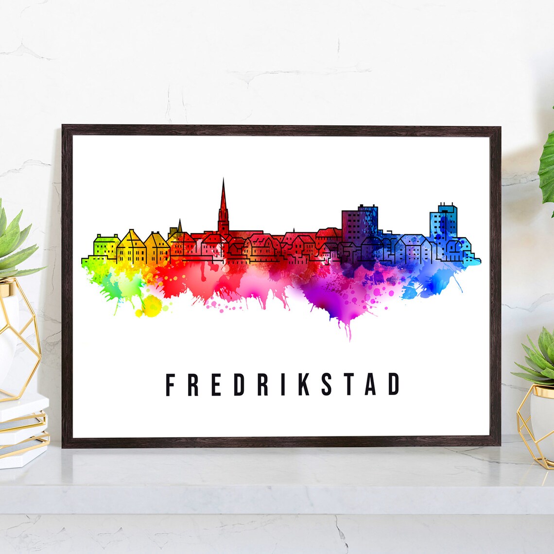Fredrikstad Norway Old Town Church Spire Skyline Watercolor Poster
