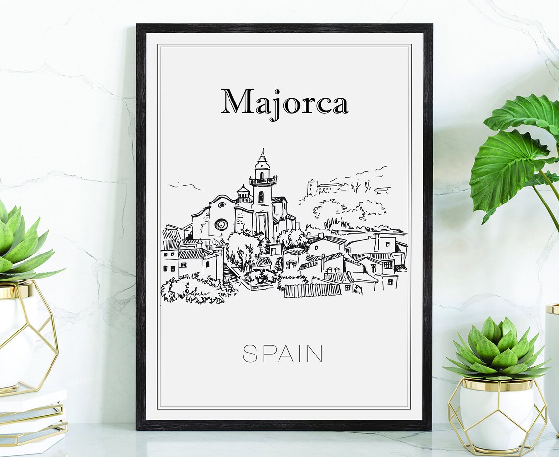 Majorca Spain Old Town Church Tower Whitewashed Houses Travel Poster