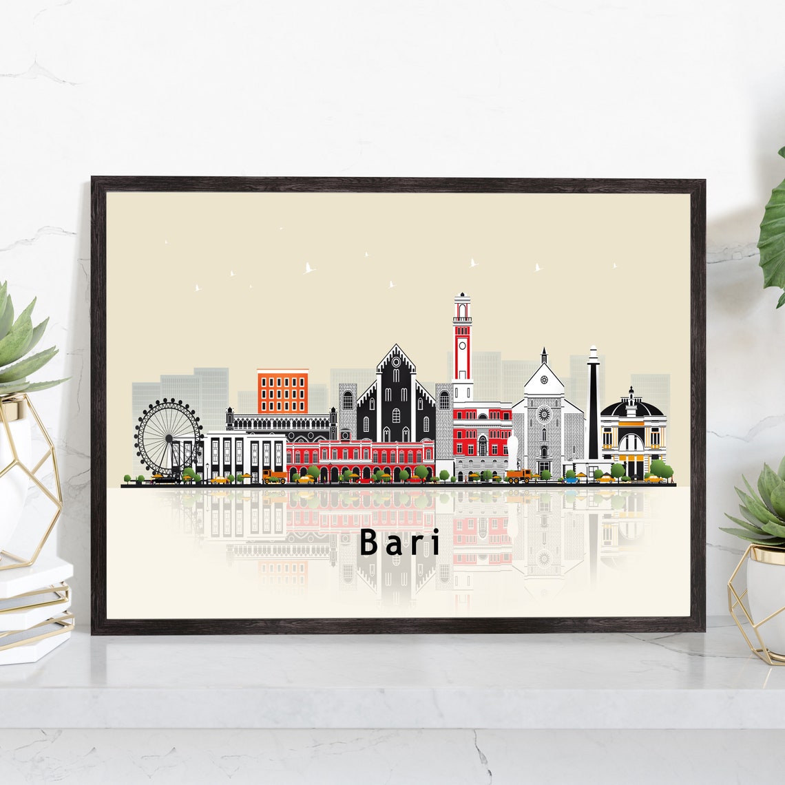 Bari Italy Seaside Skyline Ferris Wheel Illustration Reflection Poster