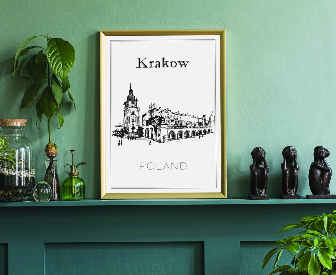 Krakow Poland Old Town Hall Tower Sketch Line Art Travel Poster - Image 3