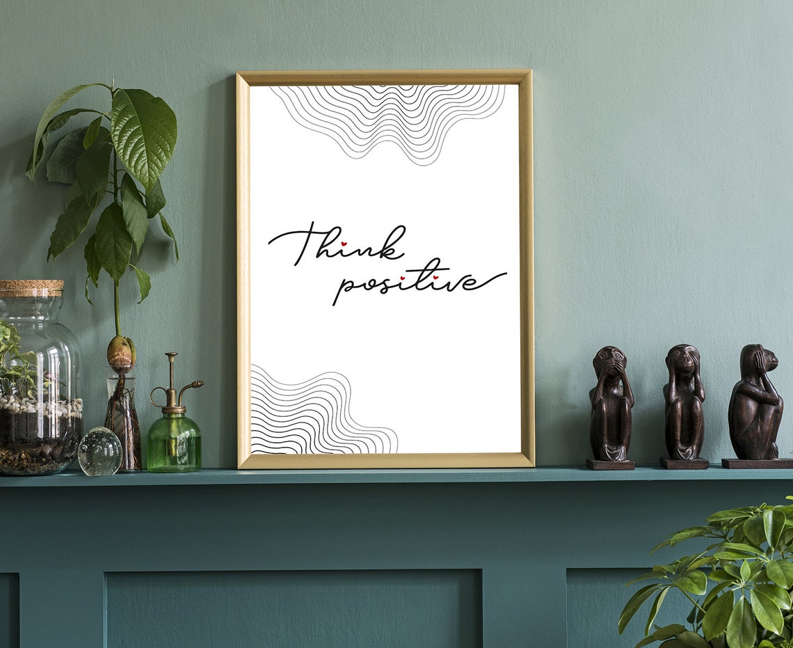 Think Positive Hand Lettered Quote Poster Minimalist Line Art Decor - Image 3