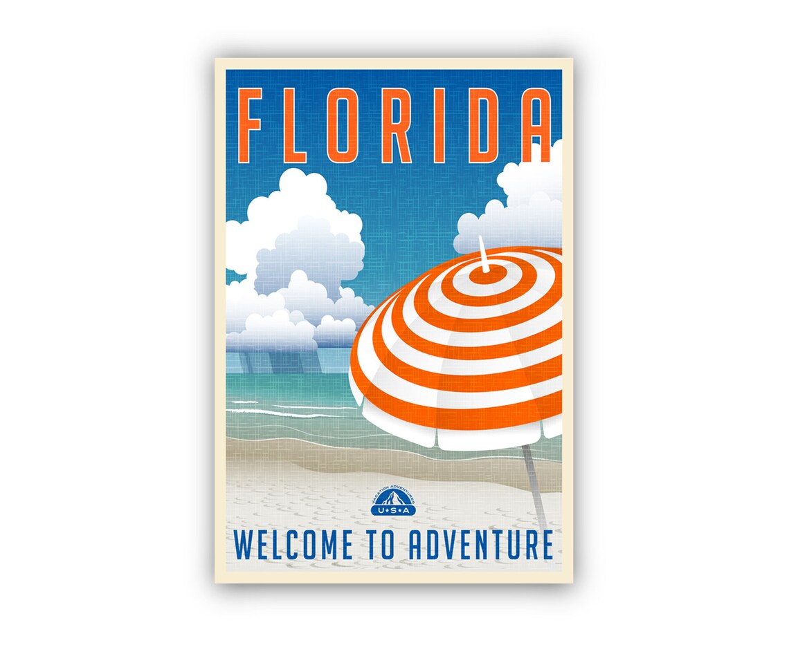 Florida Beach Striped Umbrella Vintage Retro Ocean Travel Poster - Image 2