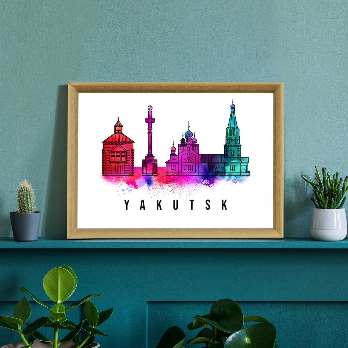 Yakutsk Russia Watercolor Rainbow Church Outline Skyline Art Poster - Image 2