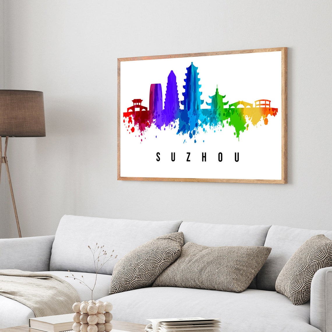 Suzhou China Pagoda Bridge Rainbow Watercolor Skyline Travel Poster - Image 3