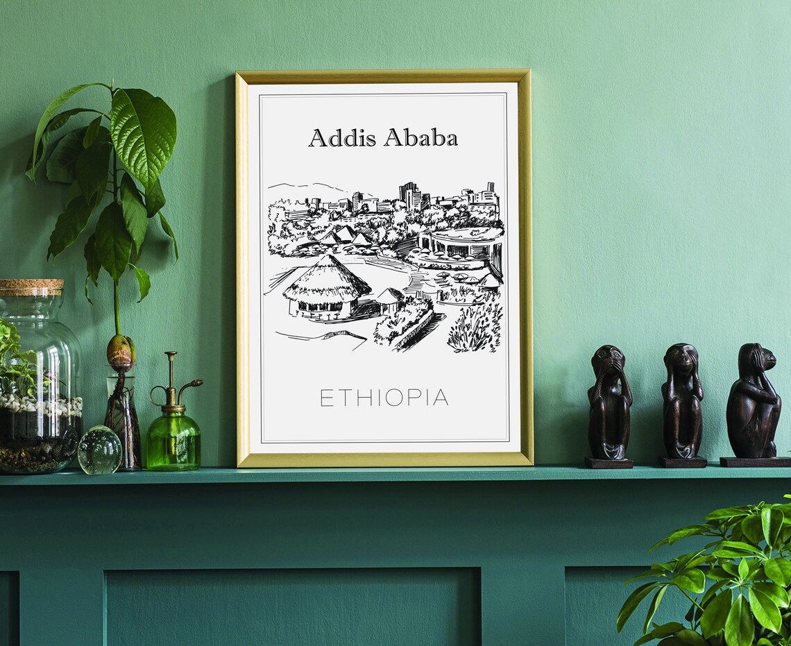 Addis Ababa Ethiopia Hand Drawn Tukul Huts City Skyline Travel Poster - Image 3